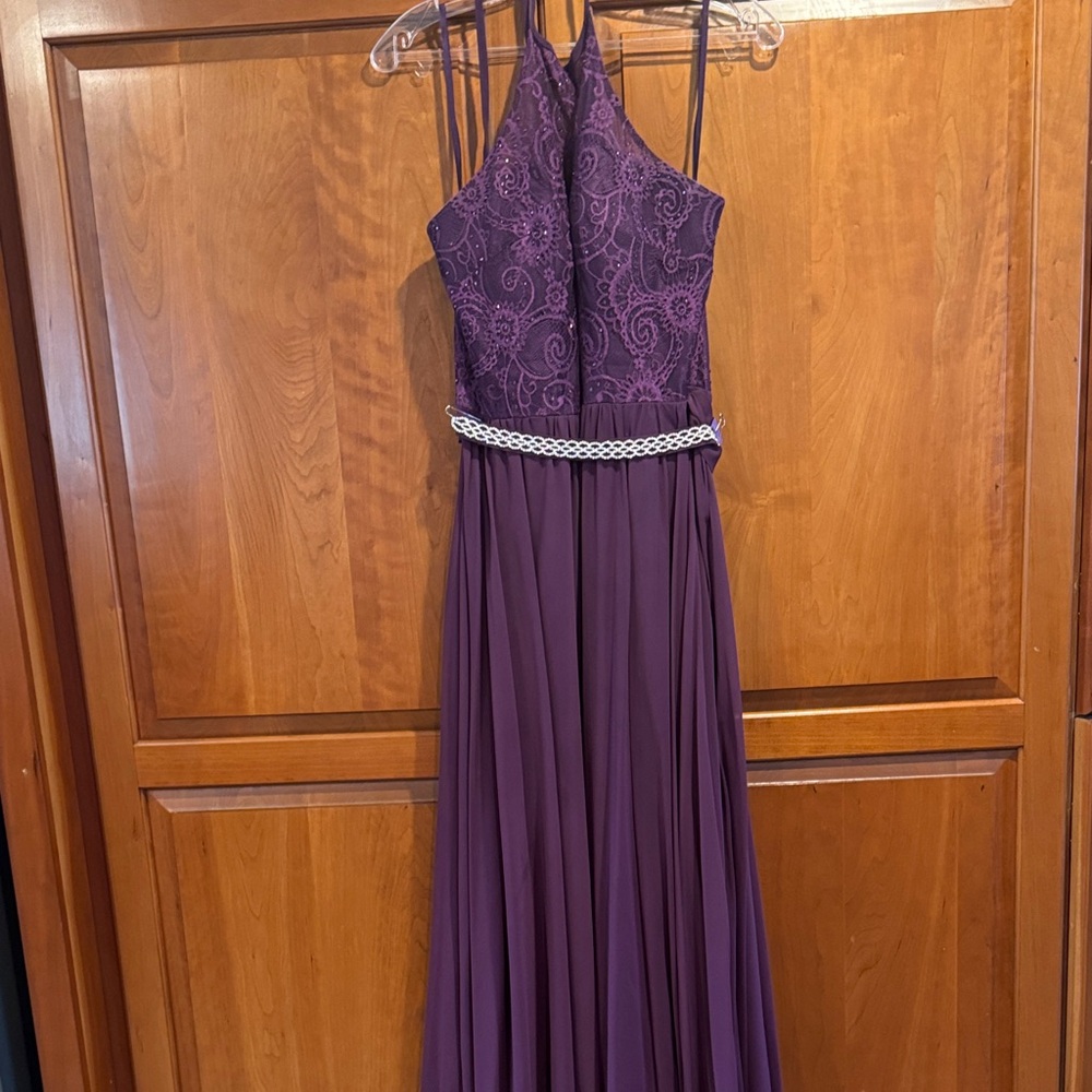 Halter Neck Purple Prom Dress/ Evening Gown with Braided Waist Accent